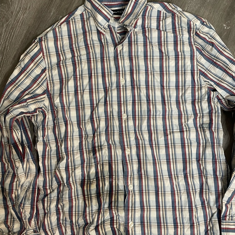 Nautica Blue and Red Casual Button Down Shirt